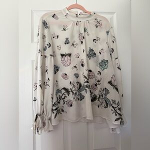 LOFT Cream Floral Midi Skirt with Pink and Sage Accents